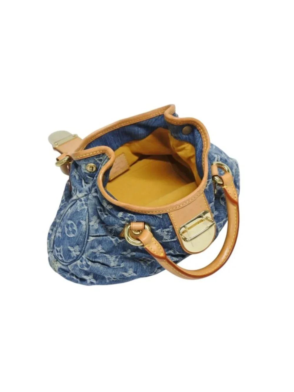 Louis Vuitton Pleaty Handbag Monogram Denim Leather Blue Gold
